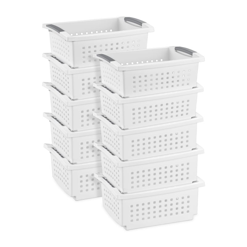 Sterilite 10-Pack Medium Stacking Basket, Open Top Plastic Storage Organizer, White - Stackable Crate Containers for Countertop, Cabinet, Pantry Shelf, Laundry Room, Bathroom & Home Office - Image 1